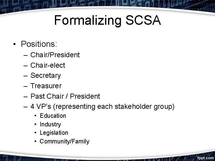 Formalizing SCSA • Positions: – – – Chair/President Chair-elect Secretary Treasurer Past Chair /