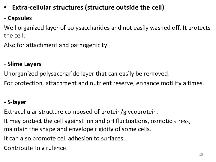  • Extra-cellular structures (structure outside the cell) - Capsules Well organized layer of