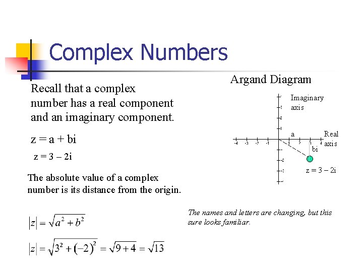 Complex Numbers Recall that a complex number has a real component and an imaginary