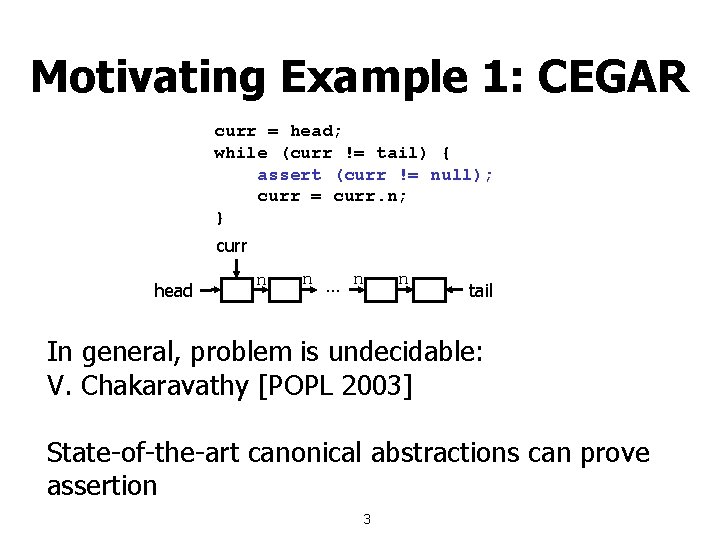 Motivating Example 1: CEGAR curr = head; while (curr != tail) { assert (curr