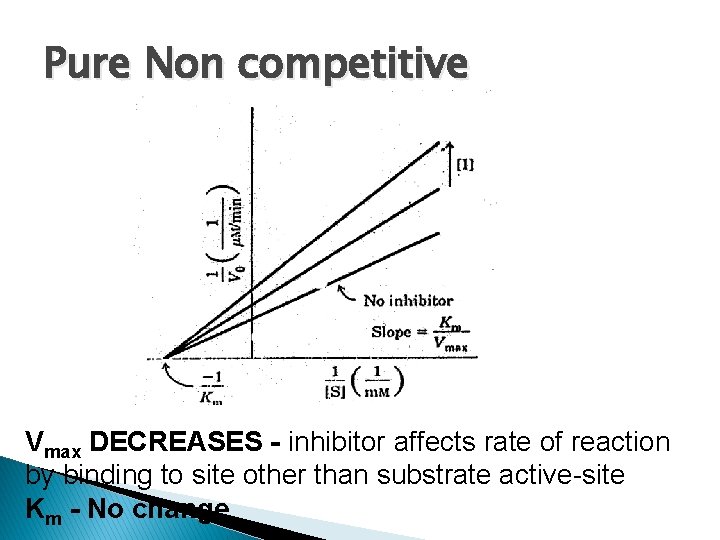 Pure Non competitive Vmax DECREASES - inhibitor affects rate of reaction by binding to
