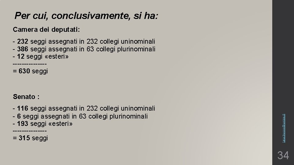 Per cui, conclusivamente, si ha: Camera dei deputati: - 232 seggi assegnati in 232