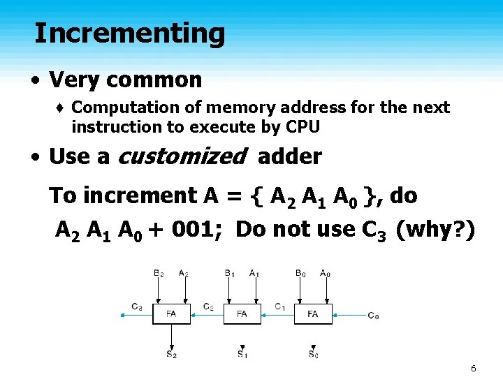 Incrementing • Very common ♦ Computation of memory address for the next instruction to