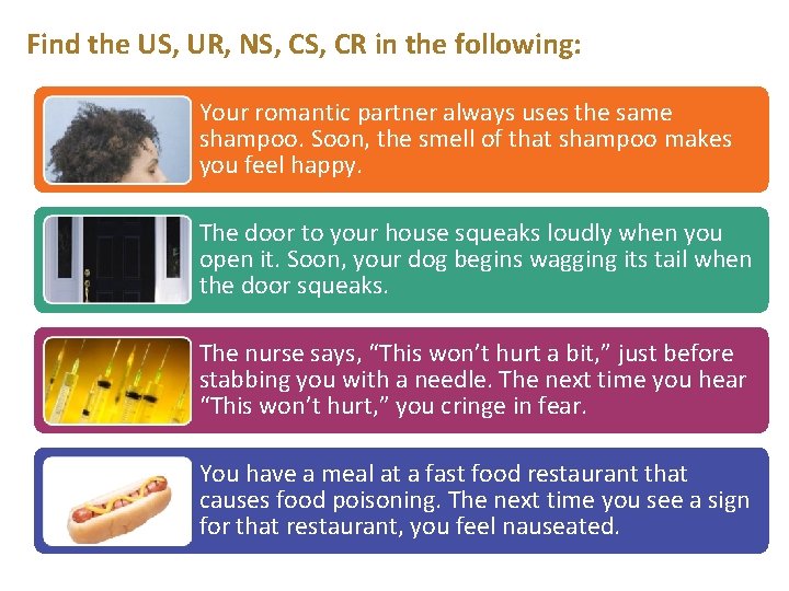 Find the US, UR, NS, CR in the following: Your romantic partner always uses