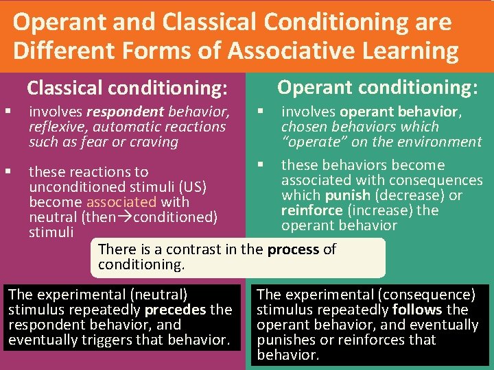 Operant and Classical Conditioning are Different Forms of Associative Learning Operant conditioning: Classical conditioning: