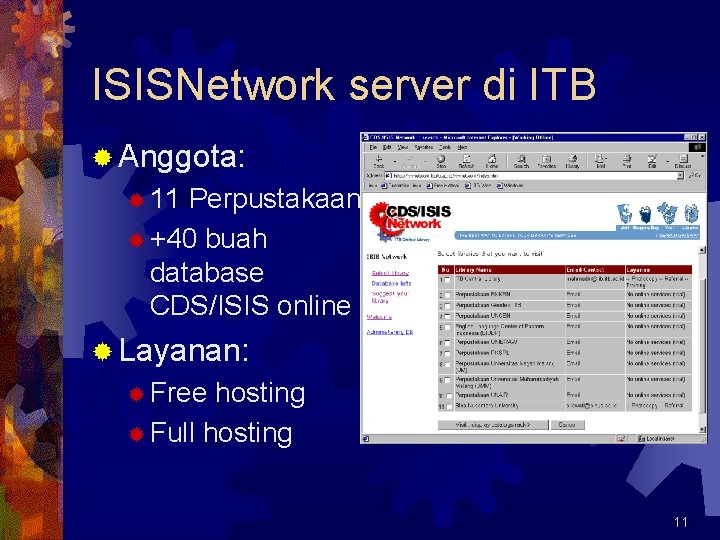 ISISNetwork server di ITB ® Anggota: ® 11 Perpustakaan ® +40 buah database CDS/ISIS