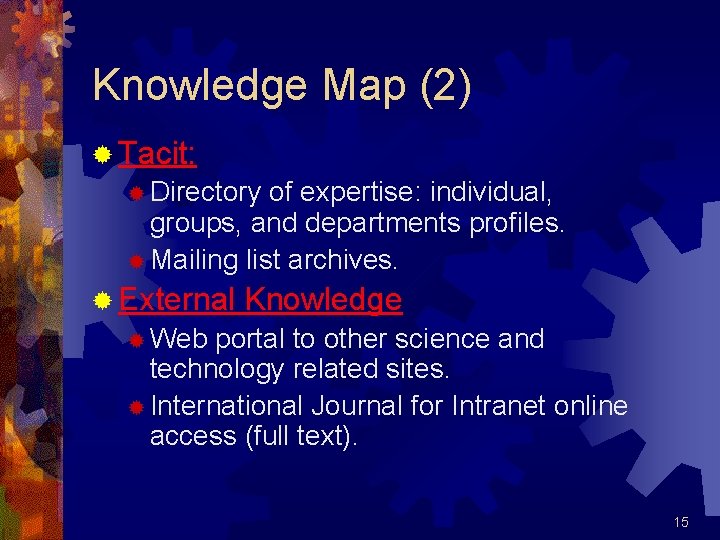 Knowledge Map (2) ® Tacit: ® Directory of expertise: individual, groups, and departments profiles.