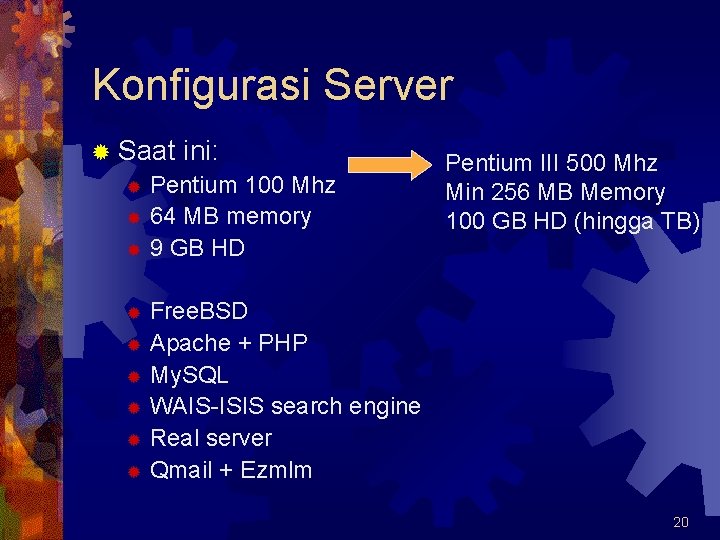 Konfigurasi Server ® Saat ini: ® Pentium 100 Mhz ® 64 MB memory ®