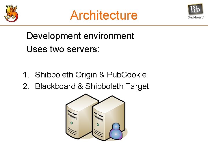 Architecture Development environment Uses two servers: 1. Shibboleth Origin & Pub. Cookie 2. Blackboard