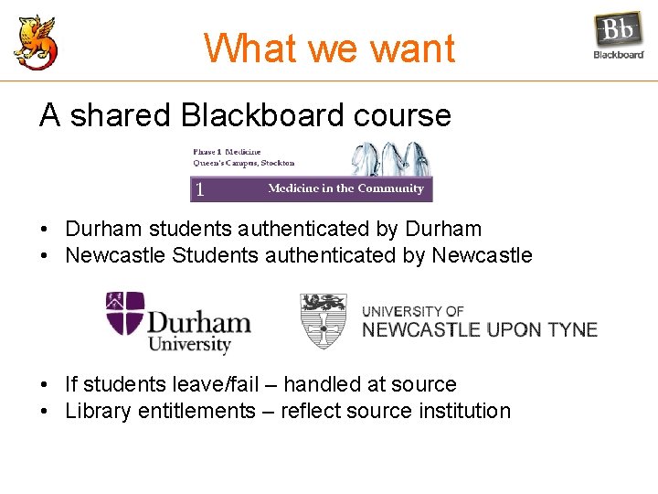 What we want A shared Blackboard course • Durham students authenticated by Durham •