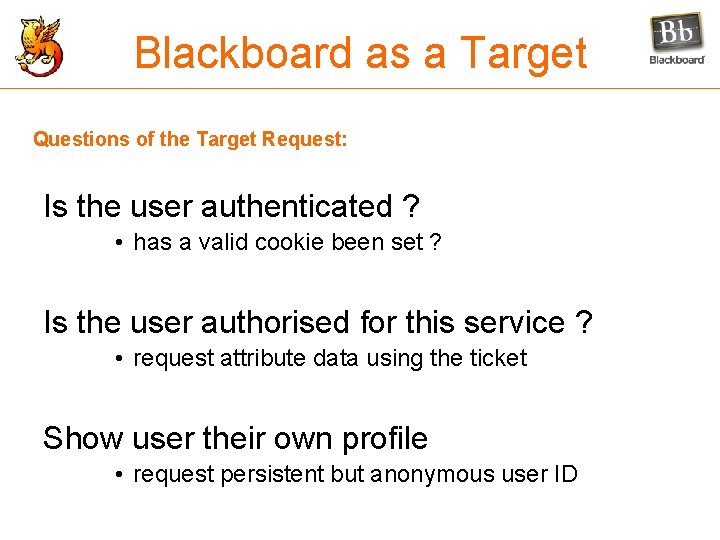 Blackboard as a Target Questions of the Target Request: Is the user authenticated ?