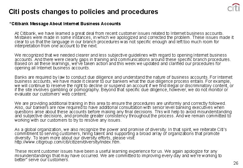 Citi posts changes to policies and procedures “Citibank Message About Internet Business Accounts At