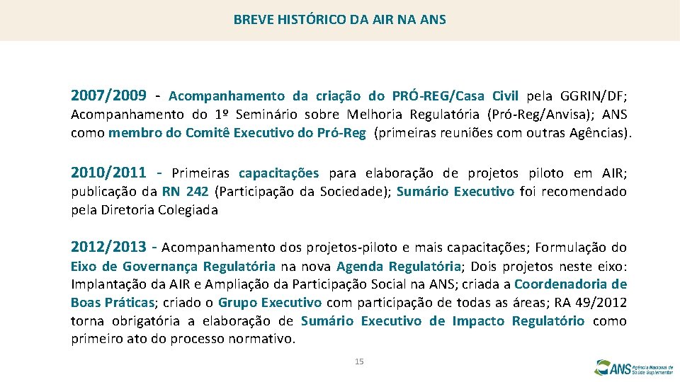 BREVE HISTÓRICO DA AIR NA ANS 2007/2009 - Acompanhamento da criação do PRÓ-REG/Casa Civil