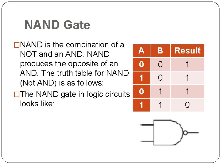 NAND Gate �NAND is the combination of a NOT and an AND. NAND produces