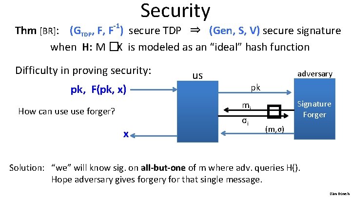 Security -1 Thm [BR]: (GTDP, F, F ) secure TDP ⇒ (Gen, S, V)