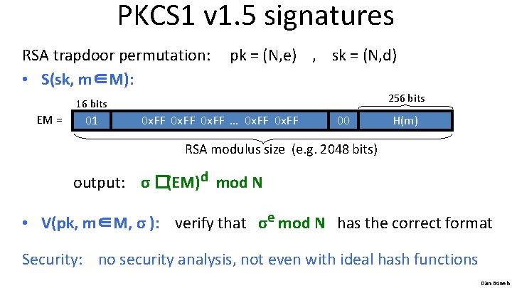 PKCS 1 v 1. 5 signatures RSA trapdoor permutation: • S(sk, m∈M): pk =
