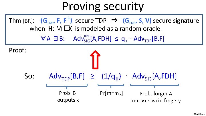 Proving security Thm [BR]: (GTDP, F, F-1) secure TDP ⇒ (GTDP, S, V) secure