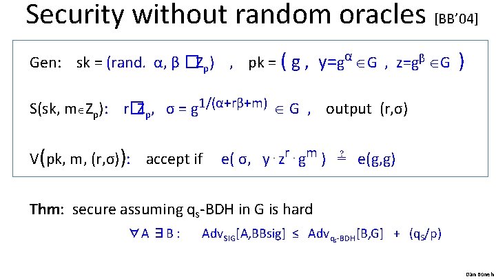 Security without random oracles [BB’ 04] Gen: sk = (rand. α, β �Zp) ,