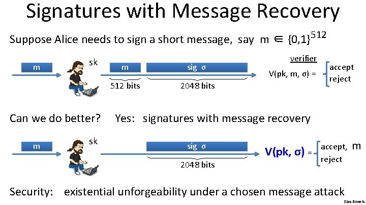 Signatures with Message Recovery Suppose Alice needs to sign a short message, say m