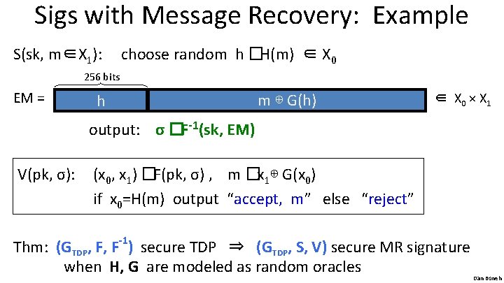 Sigs with Message Recovery: Example S(sk, m∈X 1): choose random h �H(m) ∈ X