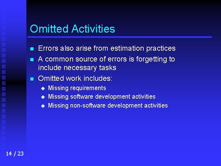 Omitted Activities n n n Errors also arise from estimation practices A common source