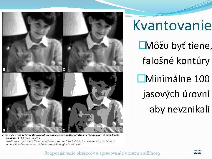 Kvantovanie �Môžu byť tiene, falošné kontúry �Minimálne 100 jasových úrovní aby nevznikali Rozpoznávanie obrazcov