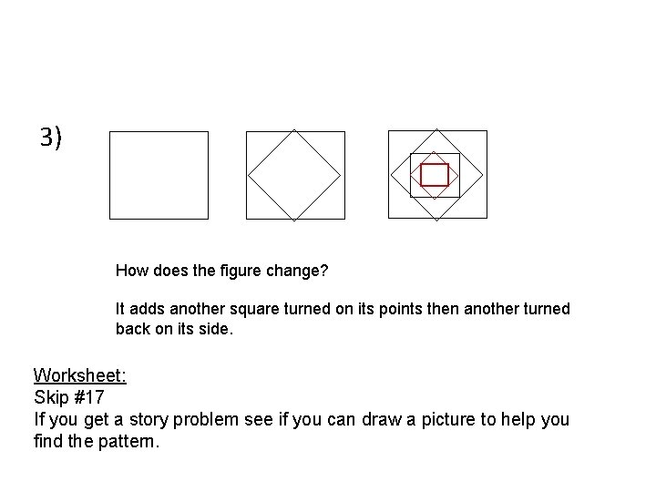 3) How does the figure change? It adds another square turned on its points