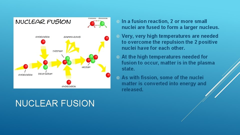 NUCLEAR FUSION In a fusion reaction, 2 or more small nuclei are fused to