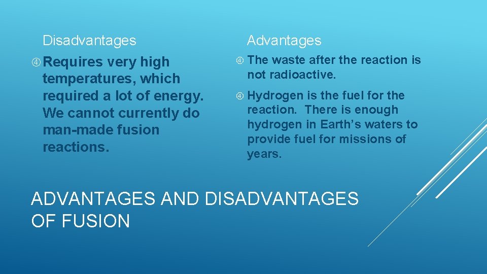 Disadvantages Requires very high temperatures, which required a lot of energy. We cannot currently
