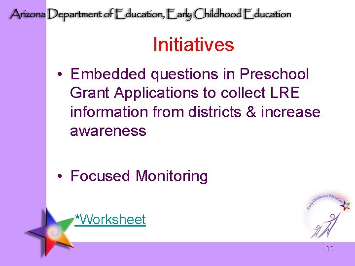 Initiatives • Embedded questions in Preschool Grant Applications to collect LRE information from districts