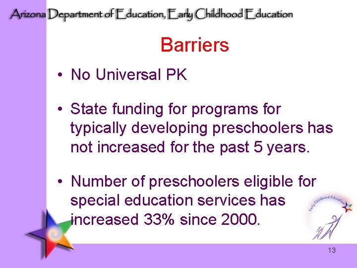 Barriers • No Universal PK • State funding for programs for typically developing preschoolers