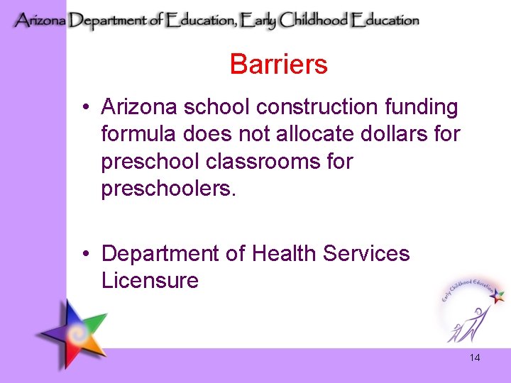 Barriers • Arizona school construction funding formula does not allocate dollars for preschool classrooms