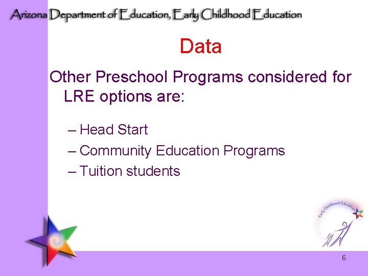 Data Other Preschool Programs considered for LRE options are: – Head Start – Community