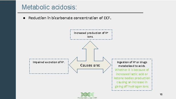 Metabolic acidosis: ● Reduction in bicarbonate concentration of ECF. Increased production of H+ ions.
