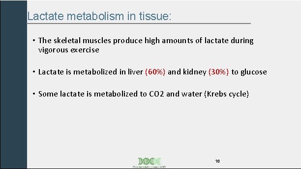 Lactate metabolism in tissue: • The skeletal muscles produce high amounts of lactate during