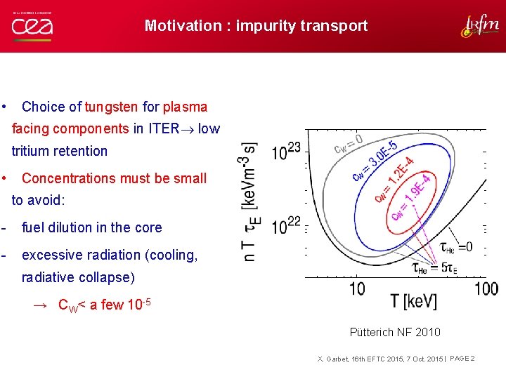 Motivation : impurity transport • Choice of tungsten for plasma facing components in ITER