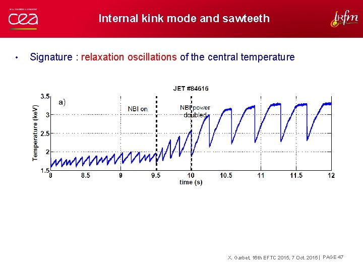 Internal kink mode and sawteeth • Signature : relaxation oscillations of the central temperature