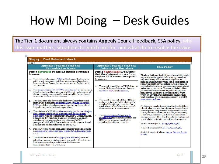 How MI Doing – Desk Guides The Tier 1 document always contains Appeals Council