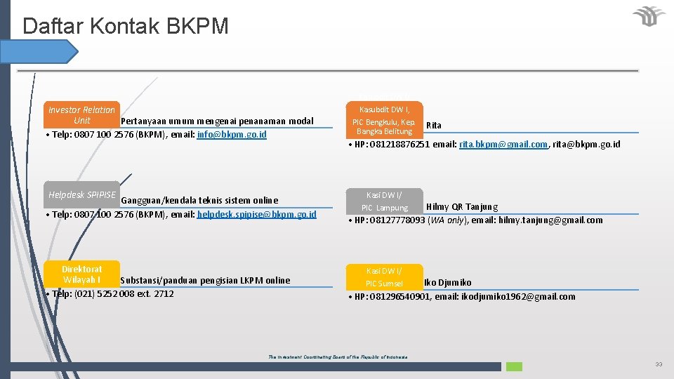 Daftar Kontak BKPM Investor Relation Unit Pertanyaan umum mengenai penanaman modal • Telp: 0807