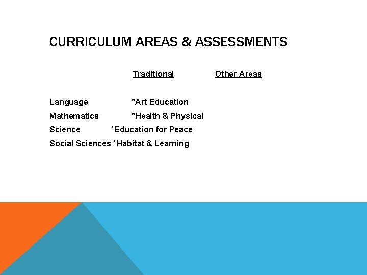 CURRICULUM AREAS & ASSESSMENTS Traditional Language *Art Education Mathematics *Health & Physical Science *Education