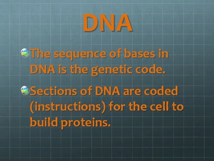 DNA The sequence of bases in DNA is the genetic code. Sections of DNA