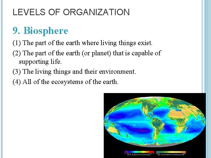 LEVELS OF ORGANIZATION 9. Biosphere (1) The part of the earth where living things