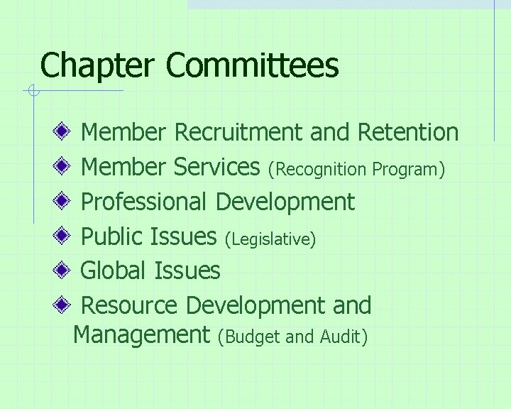 Chapter Committees Member Recruitment and Retention Member Services (Recognition Program) Professional Development Public Issues