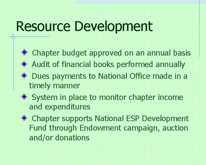 Resource Development Chapter budget approved on an annual basis Audit of financial books performed