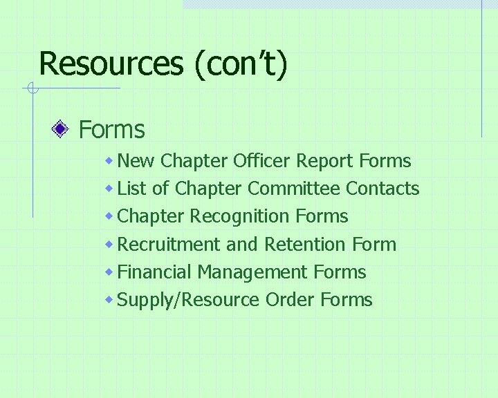 Resources (con’t) Forms w New Chapter Officer Report Forms w List of Chapter Committee