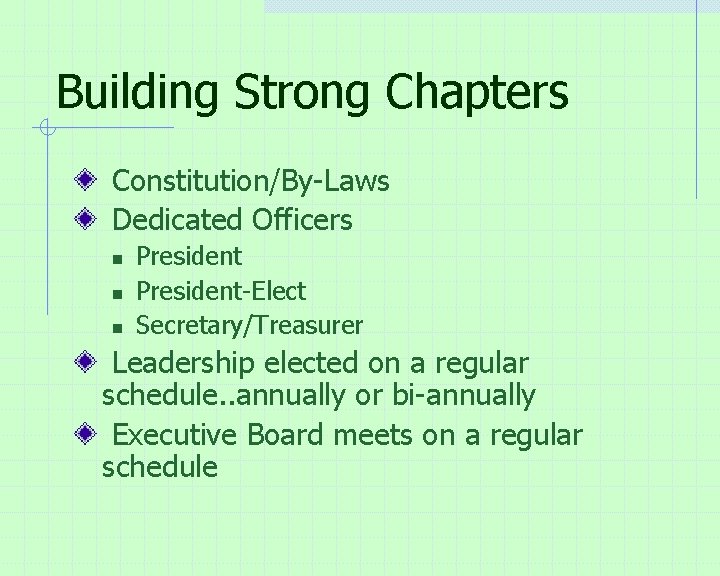 Building Strong Chapters Constitution/By-Laws Dedicated Officers n n n President-Elect Secretary/Treasurer Leadership elected on