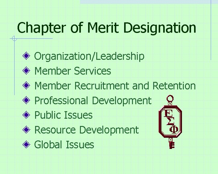 Chapter of Merit Designation Organization/Leadership Member Services Member Recruitment and Retention Professional Development Public