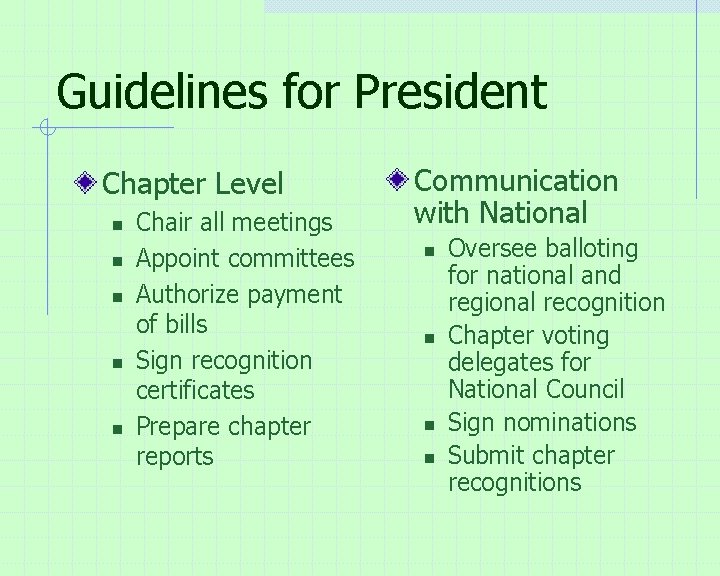 Guidelines for President Chapter Level n n n Chair all meetings Appoint committees Authorize