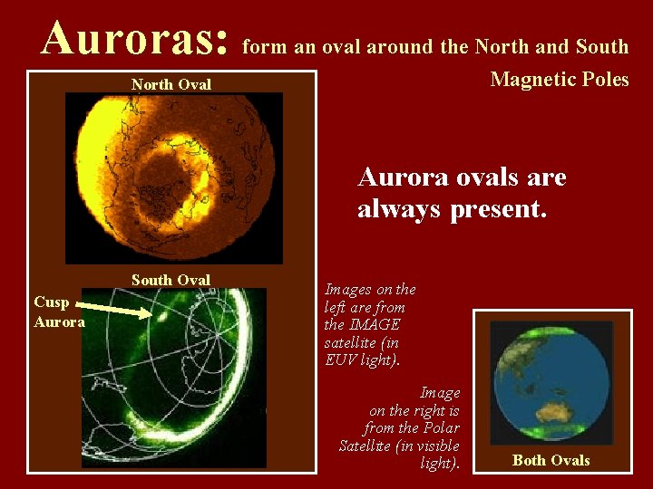 Auroras: form an oval around the North and South Magnetic Poles North Oval Aurora