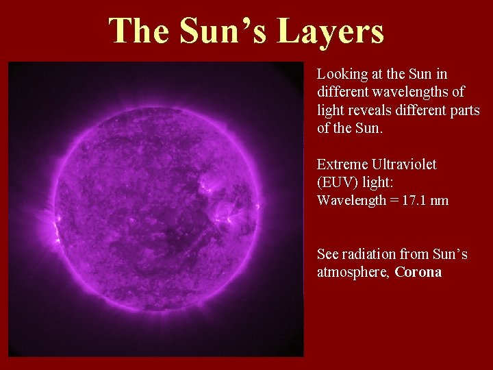 The Sun’s Layers Looking at the Sun in different wavelengths of light reveals different